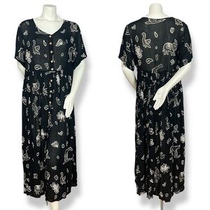 Vintage Boho Dress Tie Waist Short Sleeves Animal Jasmine by KVM Button-Up Front